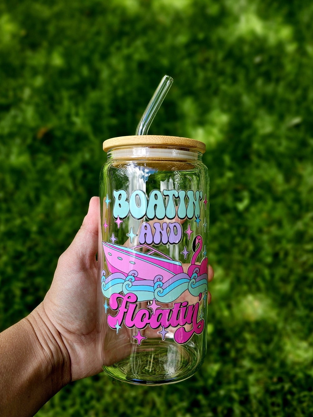 Handmade 16oz Glass Can Tumbler Boatin and Floatin Boat Lover